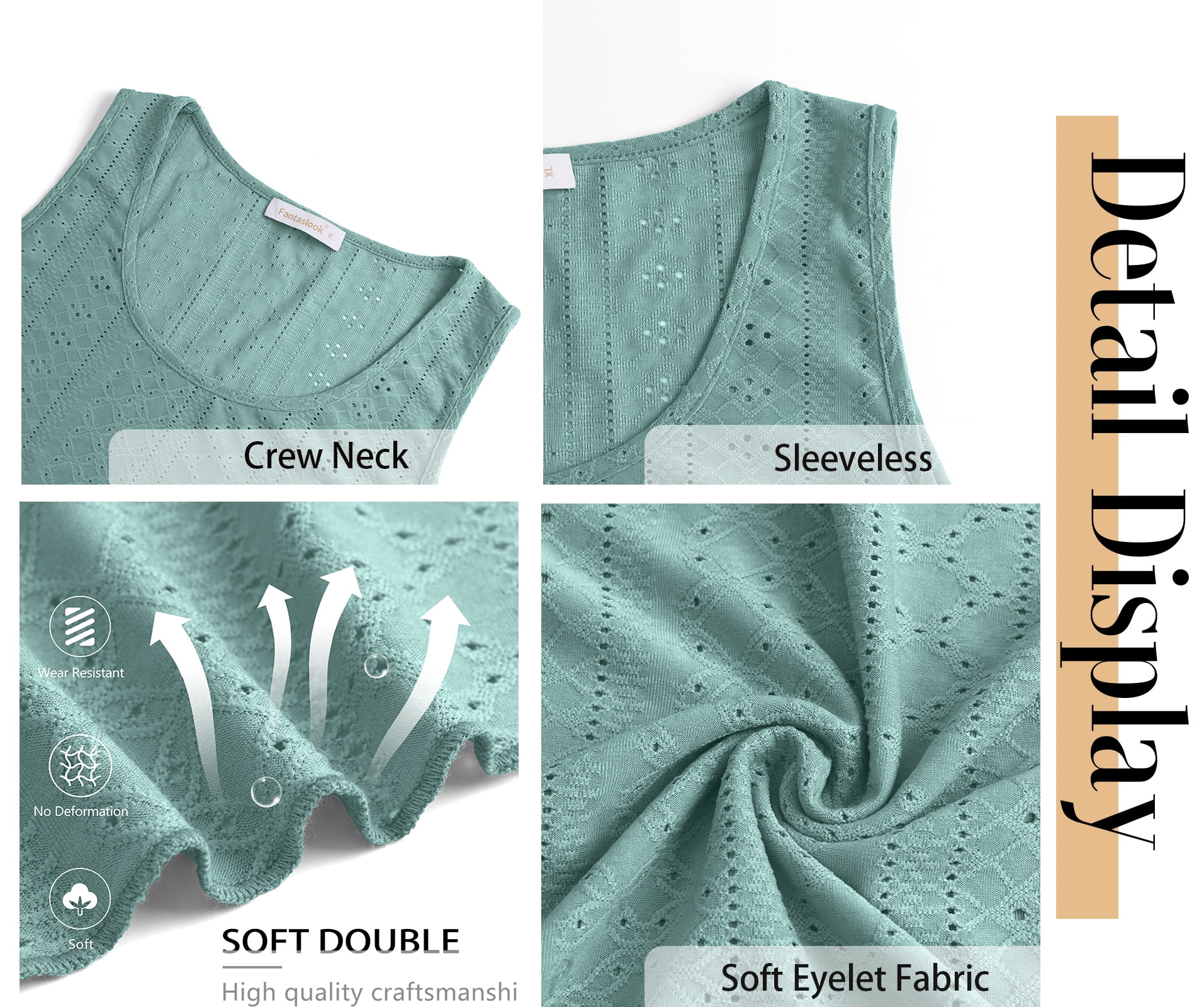 Fantaslook Womens Tank Tops Eyelet Crew Neck Sleeveless Tops Dressy Casual Flowy Summer Shirts