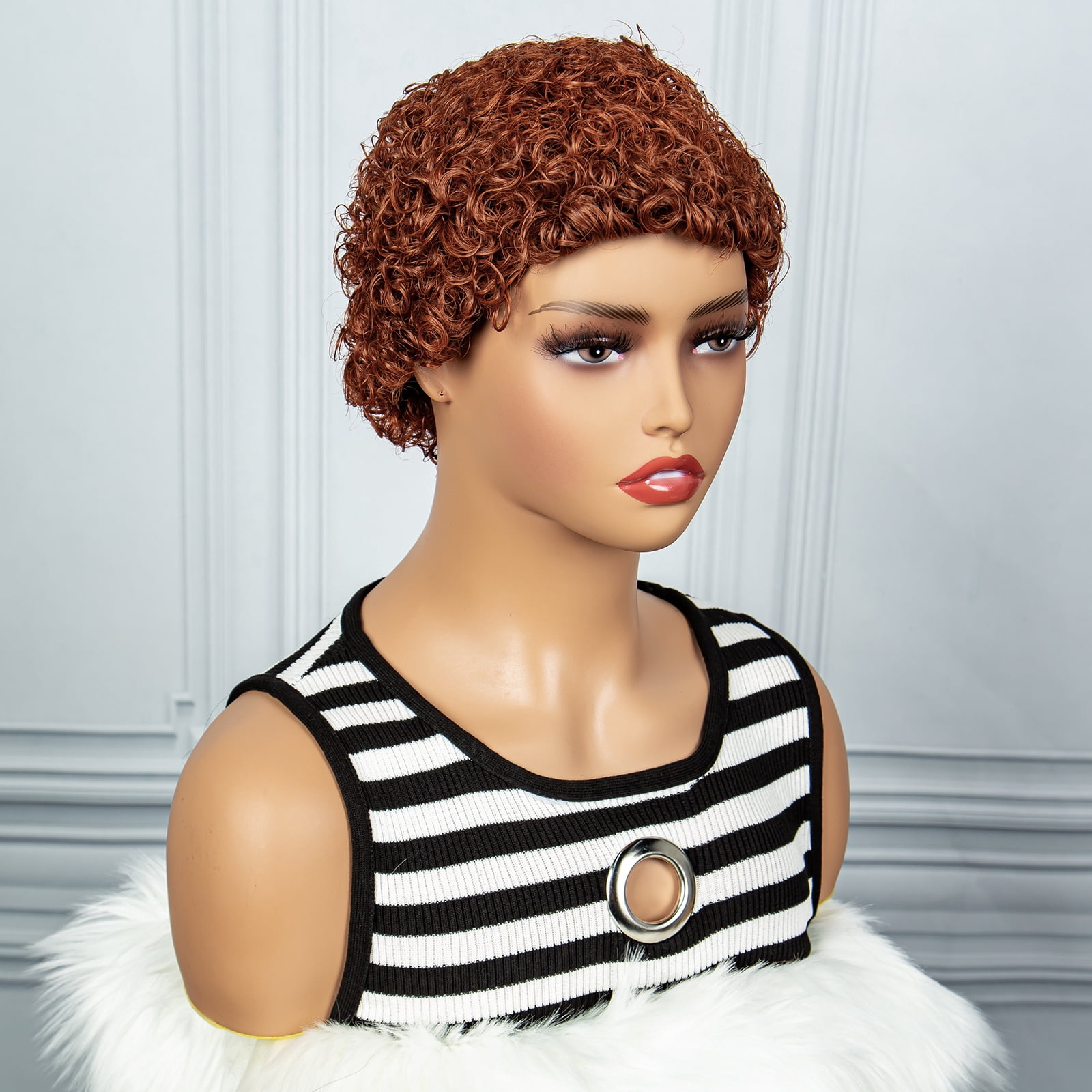 Short Curly Human Hair Wigs Pixie Cut Brazilian Remy Short Wigs Full Machine Made Human Hair 350# Color 180% Density Curly Wig for Women