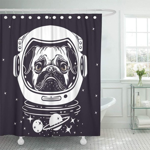ABPHQTO Astronauta de Pug en casco de astronauta Retrato de perro para animal Negro Blanco Astrología Juego de cortinas de ducha de baño impermeables 165x180 cm ABPHQTO PKNMT66x72Shower-10344