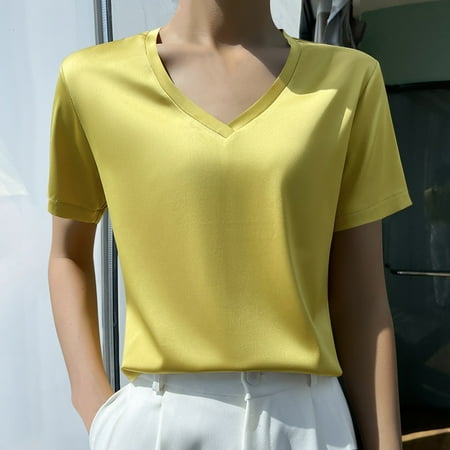 WIZUTIZ Corset Tops for Women up to 65% Off Ultra Soft Athletic Flowy Plain T-shirt V-Neck Lightweight Ladies Blouse Loose Fit Solid Shirts Oversize Linen Tops Vintage Short Sleeve Tee Tshirt Yel