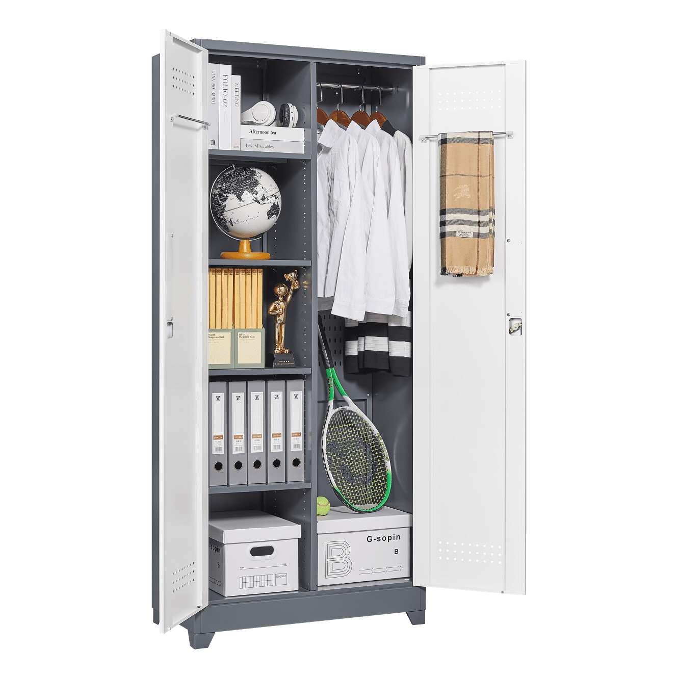 72'' Metal Garage Cabinet, Cleaning Tool Cabinets With Lockable Doors, High Broom Tool Storage Cabinets with Adjustable Shelves, for Kitchens, Offices, Shops, Grey+White