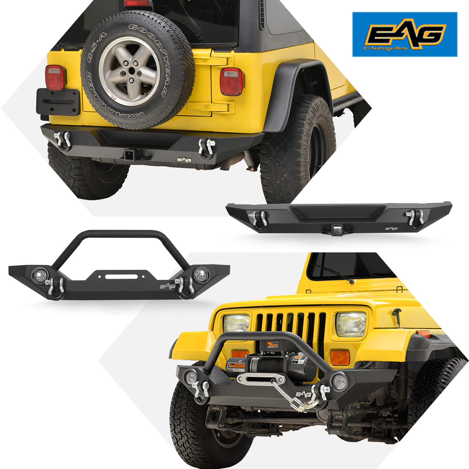 EAG Front Bumper with LED Lights and Rear Bumper with 2“ Hitch Receiver