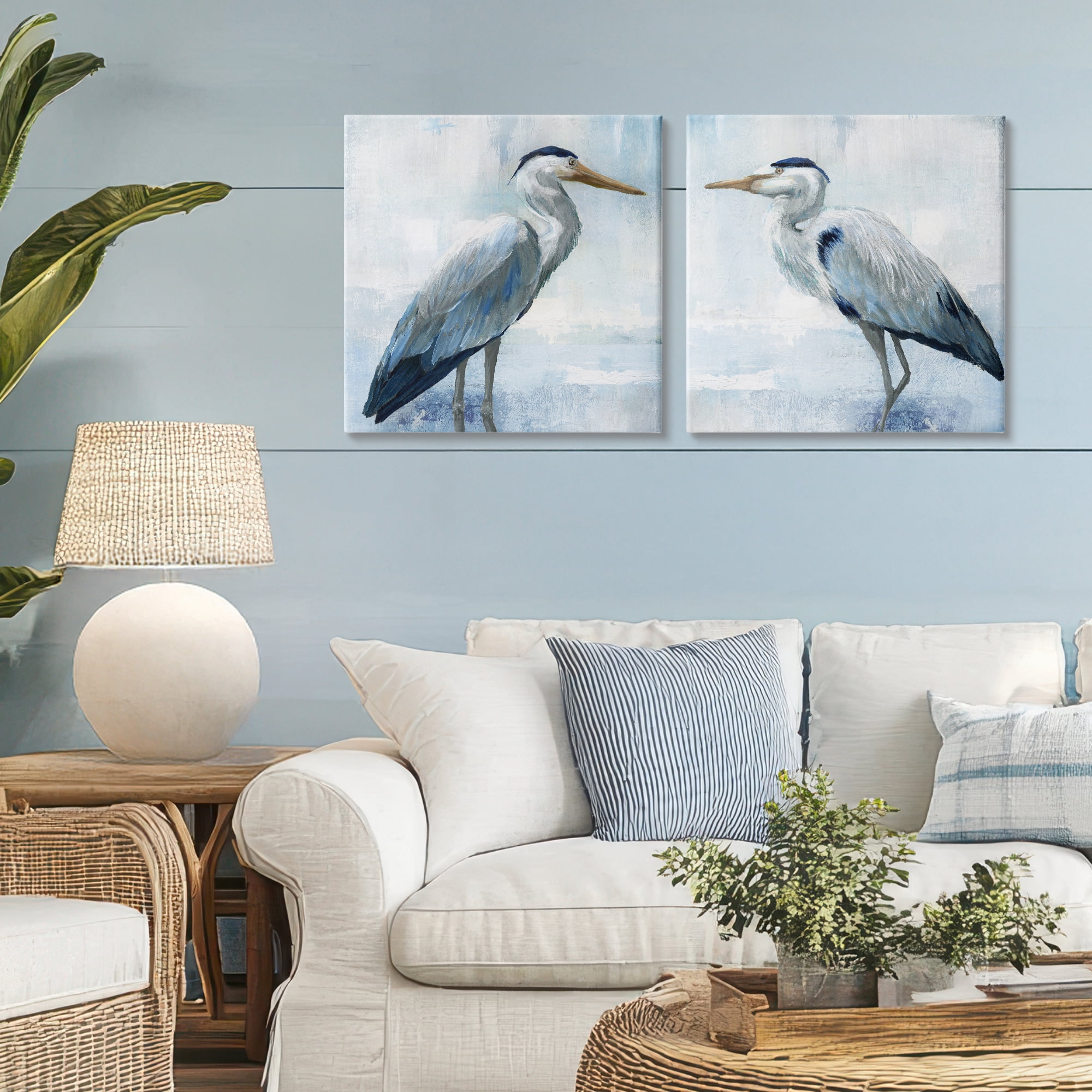 Stupell Industries Faded Blue Coastal Herons 2 Piece Canvas Wall Art Set, design by Nan