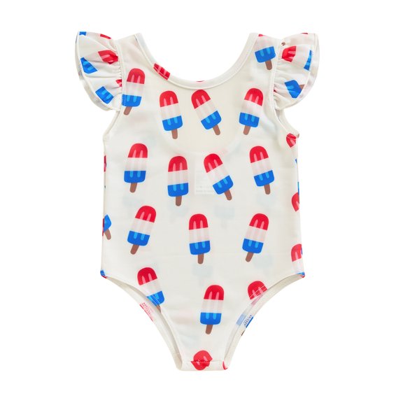 Aojekbee Toddler Girl Summer Swimsuit Cute Fly Sleeve Ice Cream/Floral Print Bathing Suit Baby Swimwear
