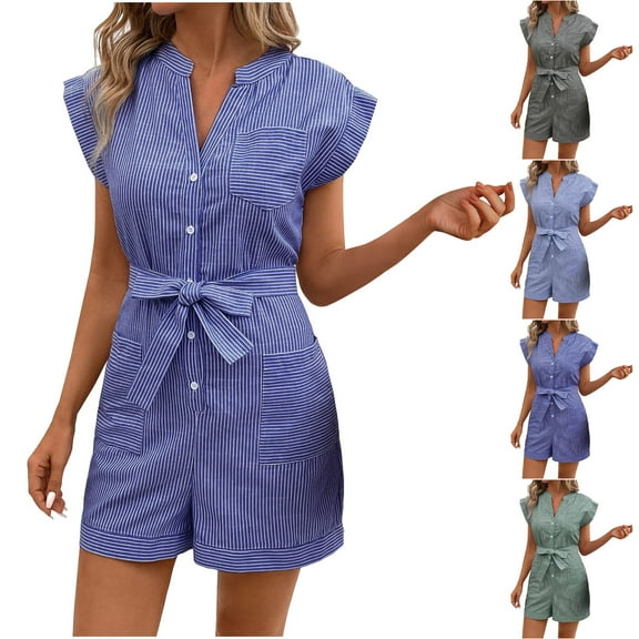 pstuiky Jumpsuits for Women, Solid Color Loose Short Outfits for Vacation with Pockets Comfy Rompers for Women Black L