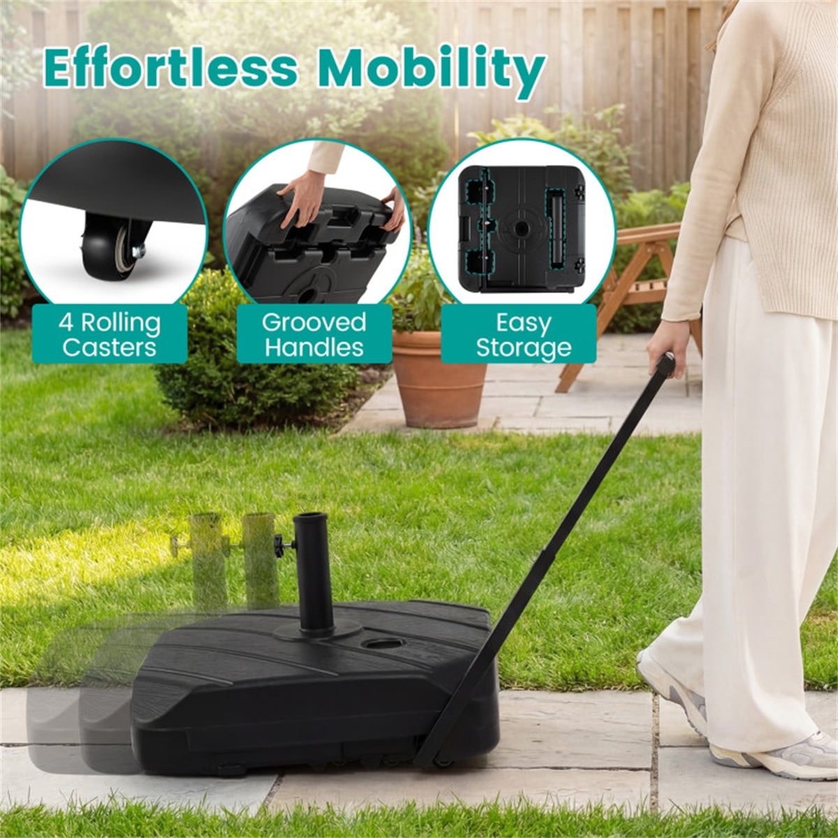 Rolling Fillable Patio Umbrella Base with Foldable Pull Rod & Hidden Wheels Heavy Duty Water Sand Weighted HDPE Umbrella Stand with 2 Pole Adapters for 7.5–11ft Umbrellas Black Wood Grain