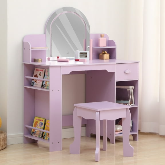 Princess Vanity Table with Lighted Mirror for Little Girls | 2-in-1 Kids Makeup Desk & Stool Set with Bookshelf, Storage Drawer & Open Shelves for Ages 3-9 Years