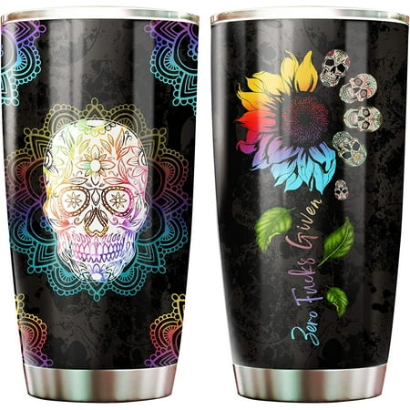 

Athenstics Sugar Skull Tumbler - Mandala Sunflower Skull Gifts for Women & Men - Zero Fuc k Given Skulls Thermos Isulated Tumblers - Cute Day of The Dead Design Travel Coffee Mugs