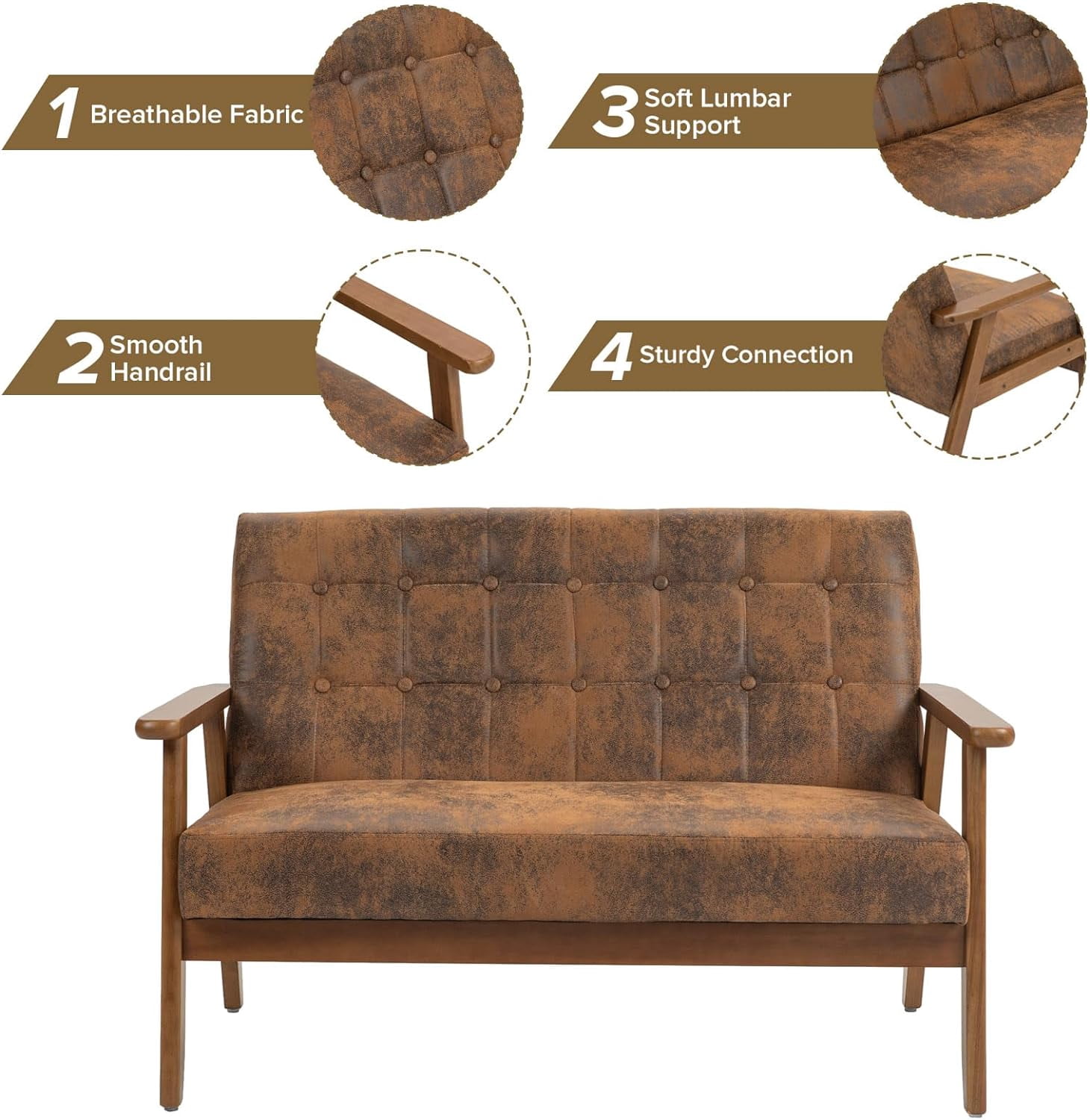 Miniyam Mid Century Modern Loveseat,2-Seat Microsuede Fabric Upholstered,Reading Couch,Accent Sofa,Coffee