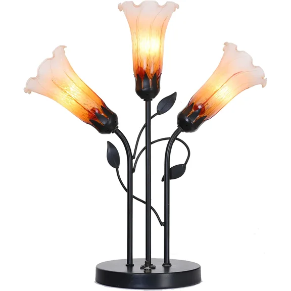 Bieye L10788 Lily Flower Tiffany Blown Glass Table Lamp with 2 USB Ports, 15Wx 18.5H inches
