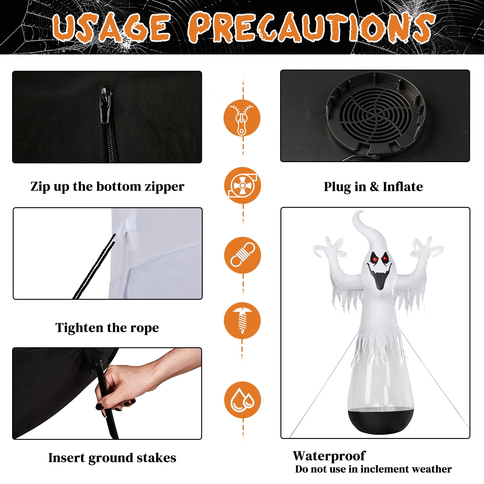 12ft Halloween Inflatable Half-Body Clear PVC White Ghost with 2 LED Lights