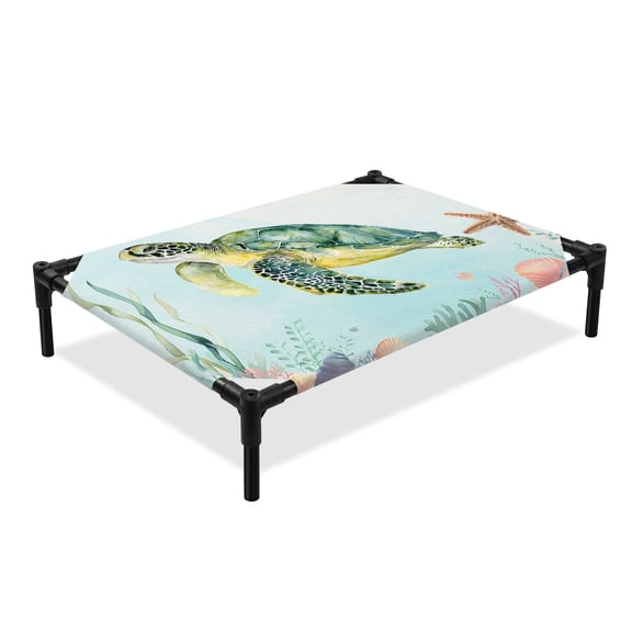 Sea Turtle Elevated Dog Bed, Teal Green Starfish Shell Marine Life Cooling Breathable Outdoor Raised Dog Cot Bed with Metal Frame Non-Slip Feet for Medium Dog 24x20in