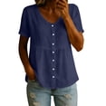 thumbnail image 2 of Craaazy Women's Casual V Neck Blouse, Solid Color Short Sleeve Button Down Shirt, Loose Fit Comfy Breathable Cotton Linen Tops for Daily Wear Gifts, 2 of 6