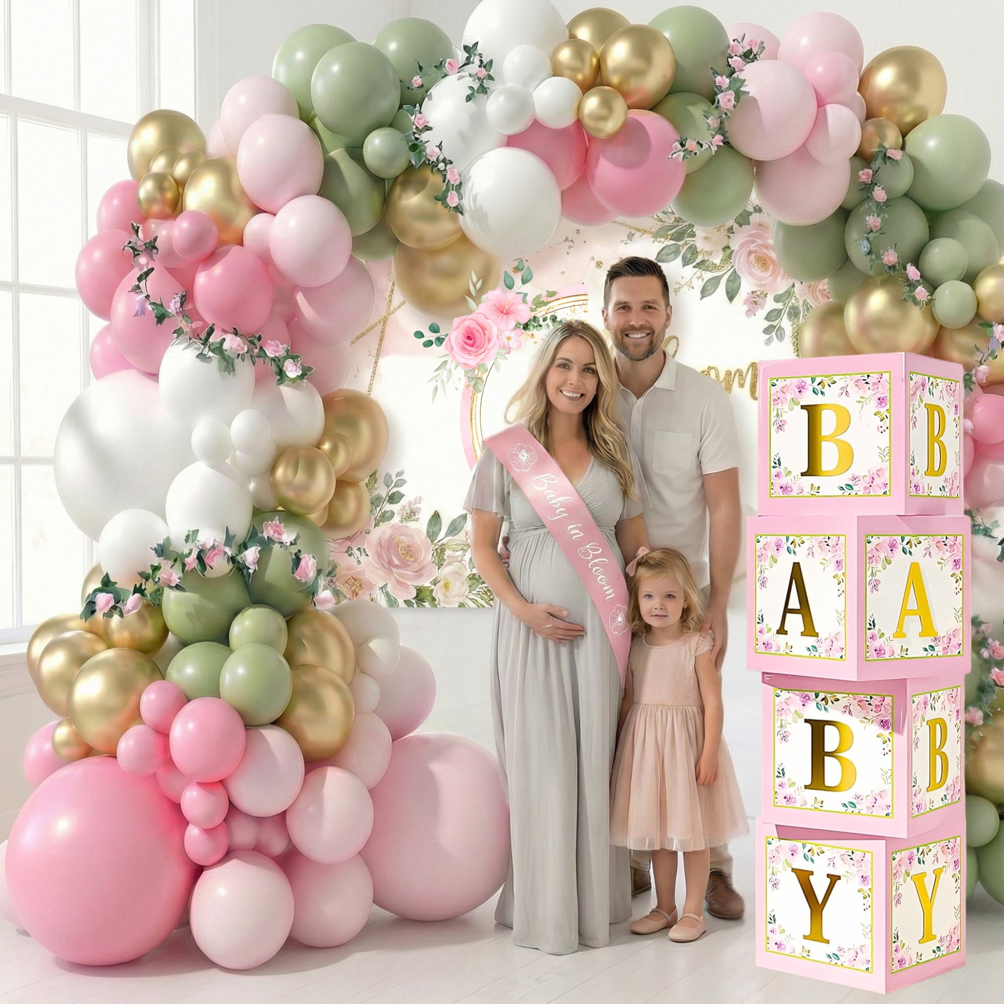 Happy Greetings Baby In Bloom Baby Shower Decoration Kit with Balloon Arch and BABY Boxes, Baby in Bloom Floral, For Girl, Pink and Sage Green, 338 Pieces