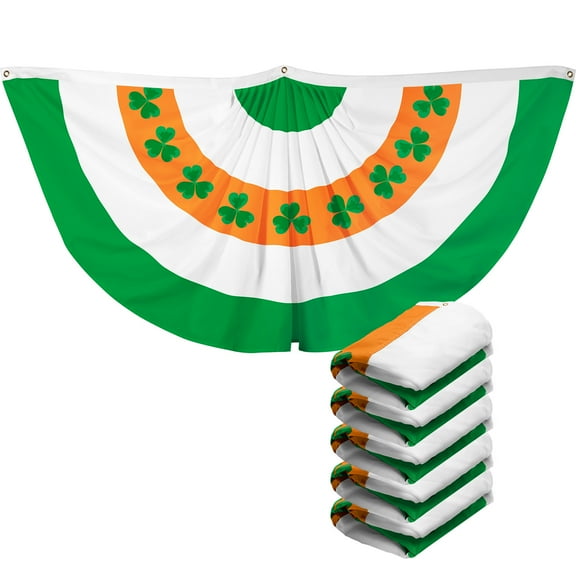 G128 5 Pack: Ireland Irish Shamrock Pleated Fan Flag | 1.5x3 Ft | Printed 150D Polyester | St. Patrick's Day Decor, Indoor/Outdoor, Vibrant Colors, Brass Grommets