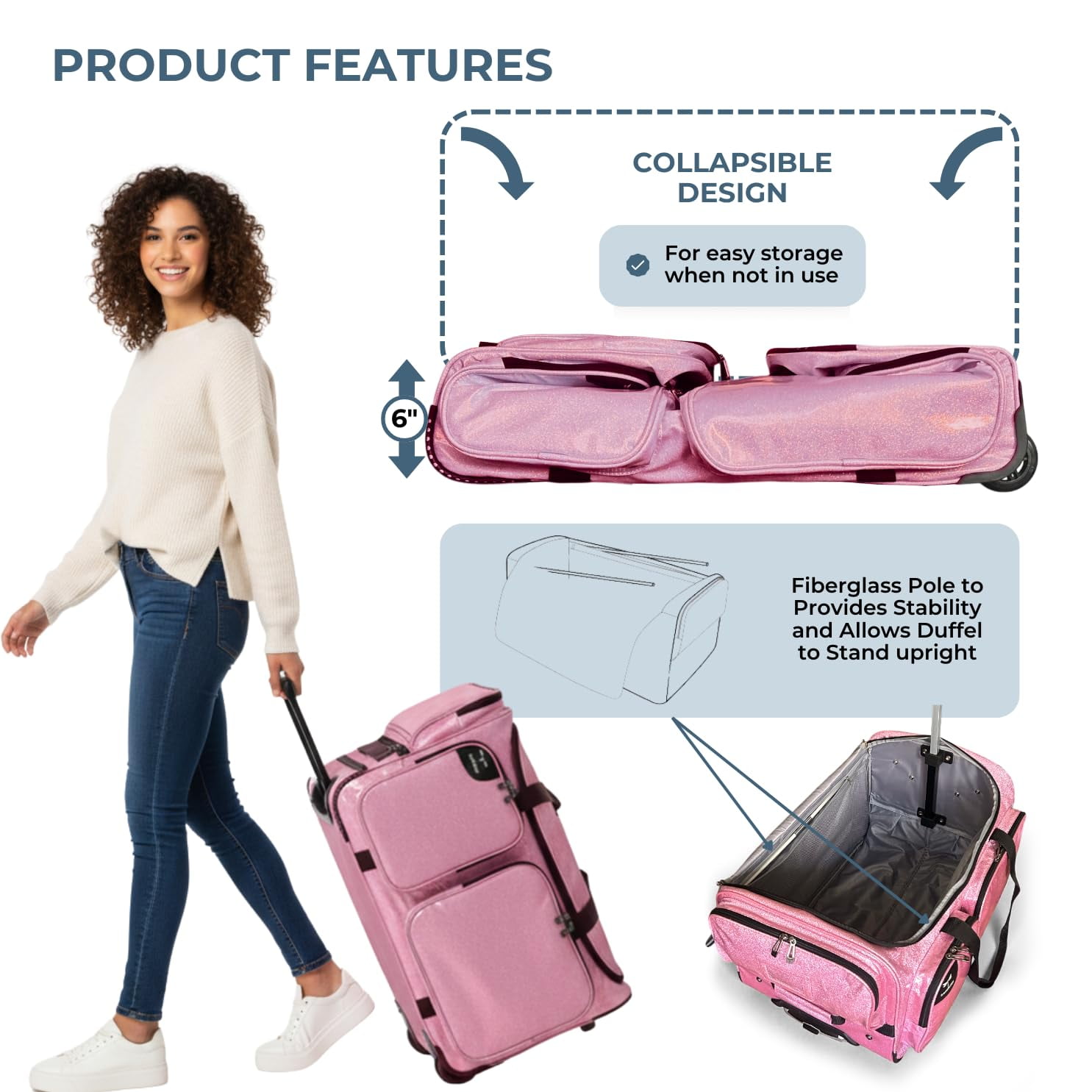 NEW! Travolution Dance Bag with Garment Rack, 23 Inch Rolling Duffel With Wheels, Ideal for Competitions & Travel, Easy-assembly Lightweight Aluminum Clothes Rack (Glitter Pink)
