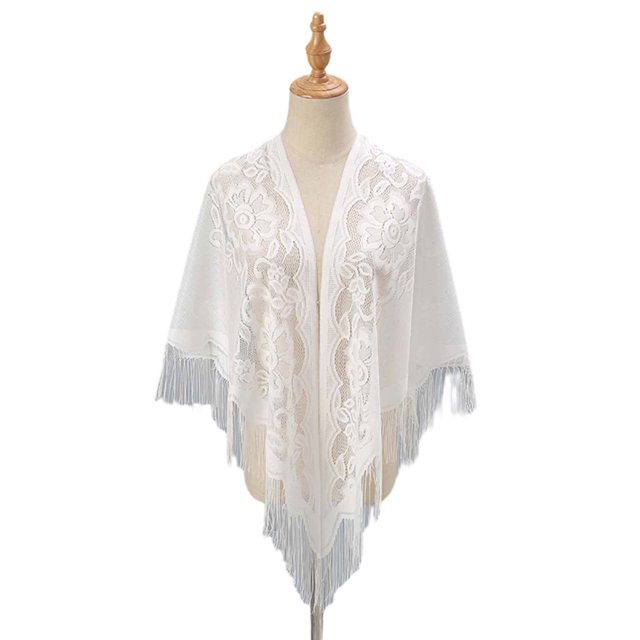 CSChome Women Party Shawl Women Party Shawl Flower Embroidery Hollow Out Tassel See-Through Solid Color Clothes Matching Cardigan Lightweight Summer Prom