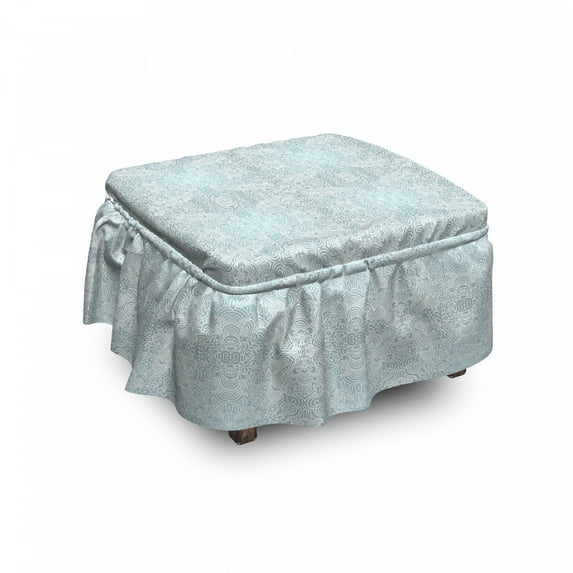 Floral Ottoman Cover, Swirled Floral Lines, 2 Piece Slipcover Set with Ruffle Skirt for Square Round Cube Footstool Decorative Home Accent, Standard Size, Pale Blue White, by Ambesonne