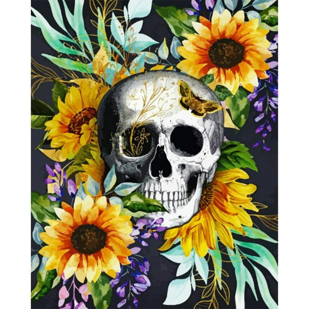 Kit de pintura al óleo de calavera en girasol por número imagen de dibujo sin marco DIY para niños FLhrweasw Nuevo