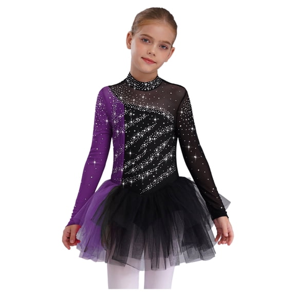 Xnihocha Kids Girls Ballet Dance Leotard Tutu Skirt Long Sleeve Ice Figure Skating Dress Lyrical Dancewear Black Purple 14
