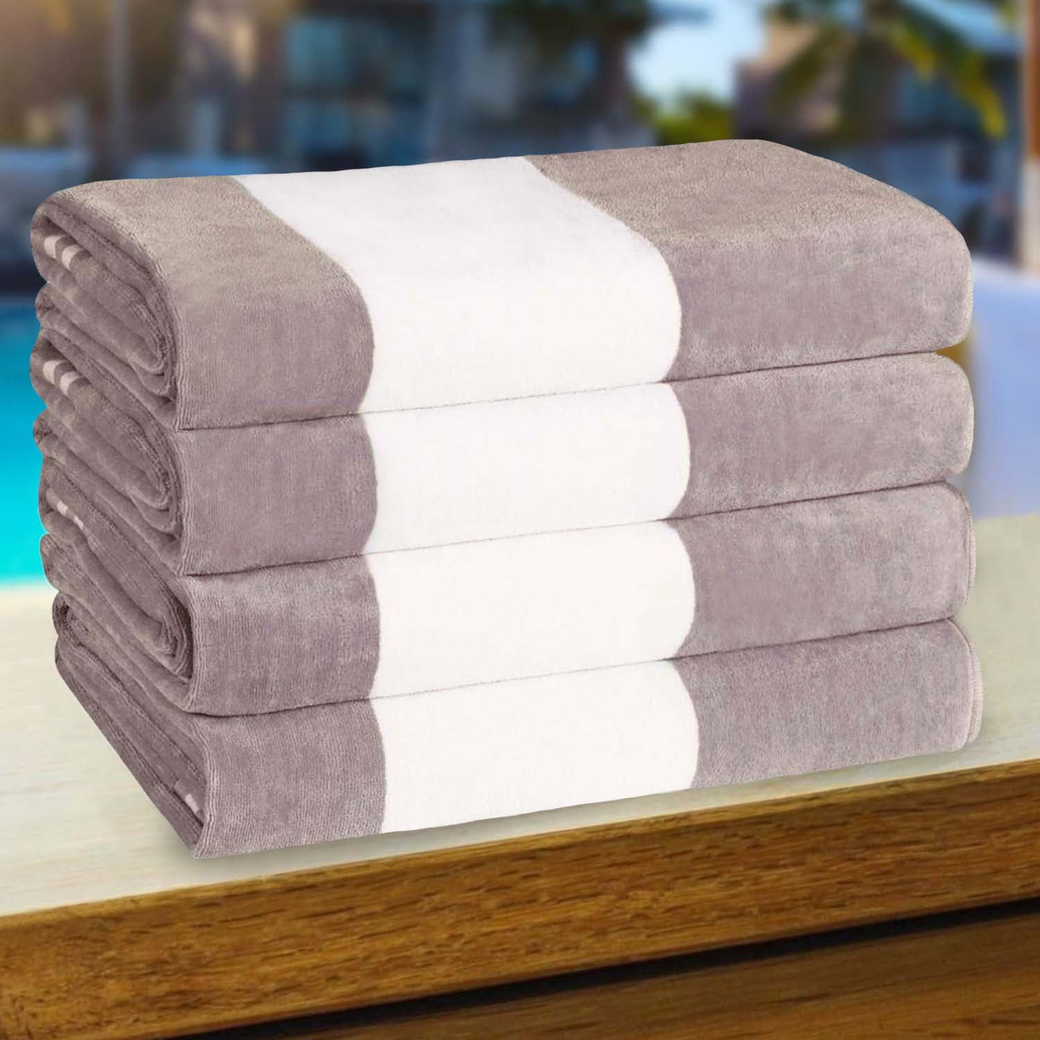 Superior Cabana Striped 4-Piece Oversized Cotton Beach Towel Set, Light Grey