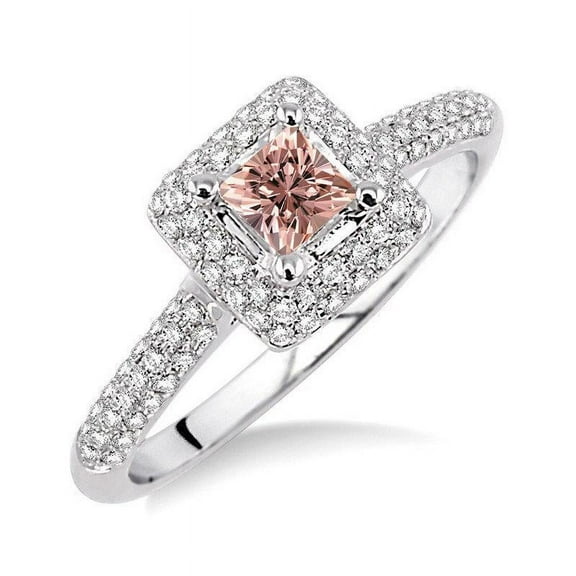 1.50 Carat Princess Cut Double Halo Morganite And Diamond Moissanite Engagement Ring In 14K White Gold Engagement Ring
