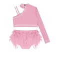 thumbnail image 5 of YiZYiF Kids Girls Sparkly 2 Piece Dancing Outfit Rhinestones Dance Crop Top and Feather Briefs Skirt Pink 8, 5 of 6