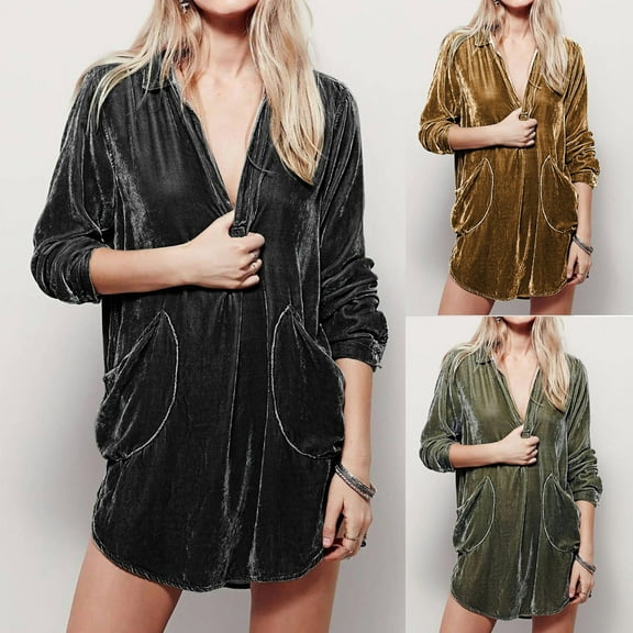 Lovskoo 2024 Womens Velvet Dress V-Neck Long Sleeve Oversized Mini Party Cocktail Boyfriend Dress Olive Green