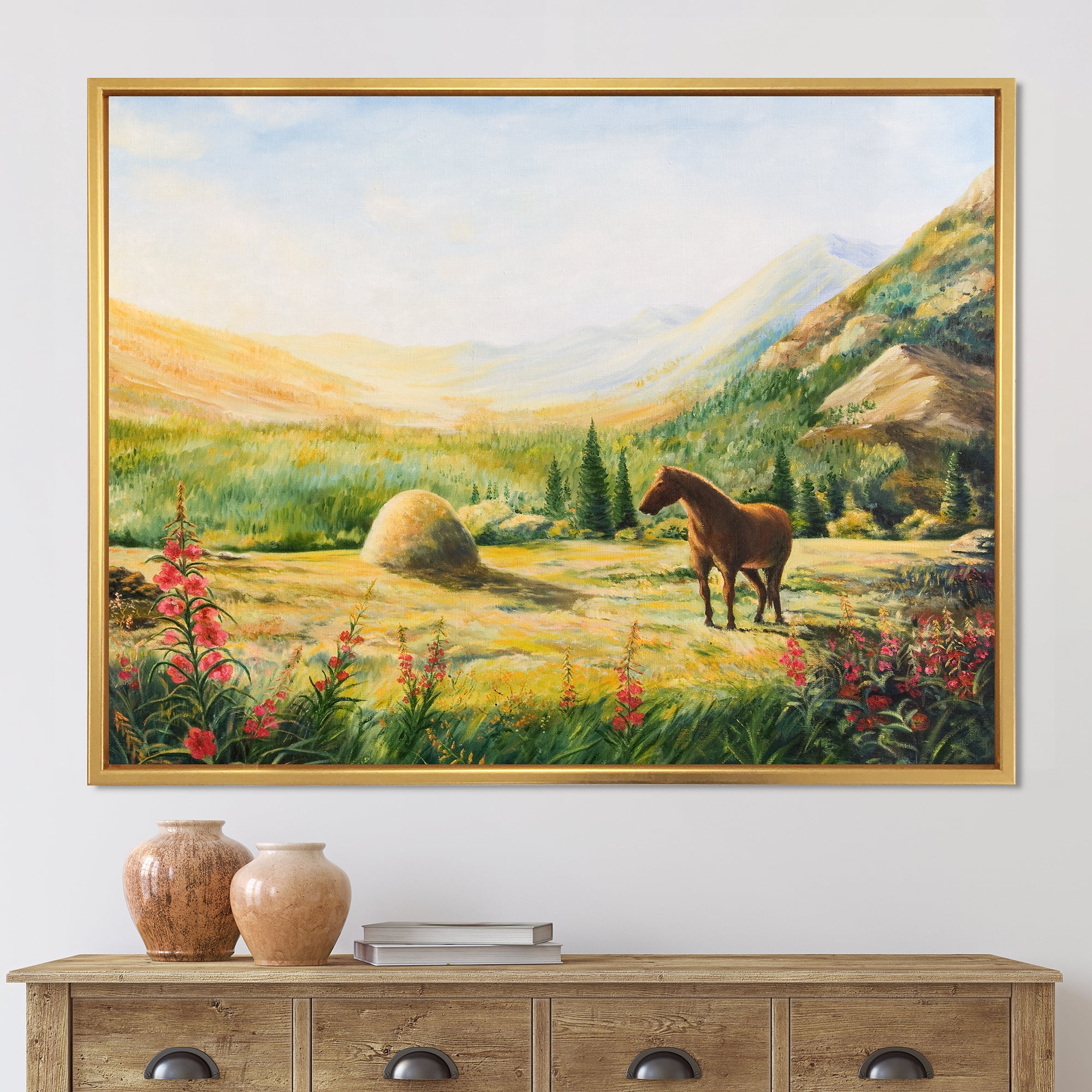 Designart 'Sunrise In The Mountains With Horse' Farmhouse Framed Canvas Wall Art Print