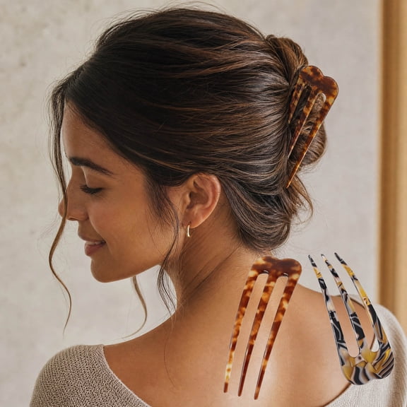 RuWeoMaa Acetate 3 Prong French Hair Pin, Tortoise Shell U Shaped Hair Pins for Women, Non Slip Hair Stick for Bun Updo Hairstyle, Boho Hair Accessories