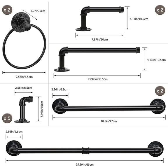13-Pieces Black Towel Set Industrial Pipe Bathroom Hardware with Towel Ring, Toilet Paper Holder & Robe Hooks