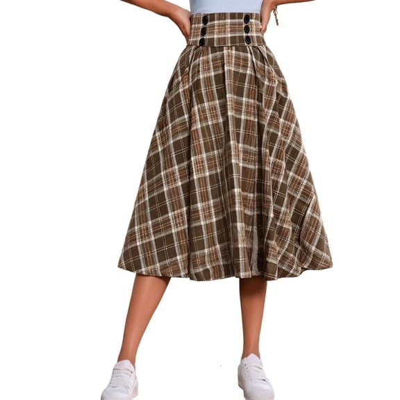 Zonest Women's plaid elastic waist A-line pleated taffeta maxi skirt