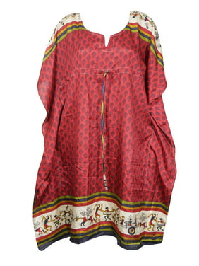 Mogul Women Red Caftan Tunic Dress Recycled Silk Sari Printed Resort Wear Beach Cover Up Housedress Holiday Kaftan One Size