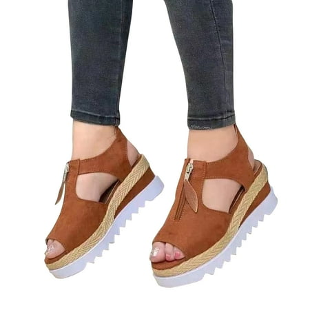 

BRISEZZS Women s Platform Sandals Fish Mouth Wedges Casual Muffin Summer Slide Sandals #151 Khaki