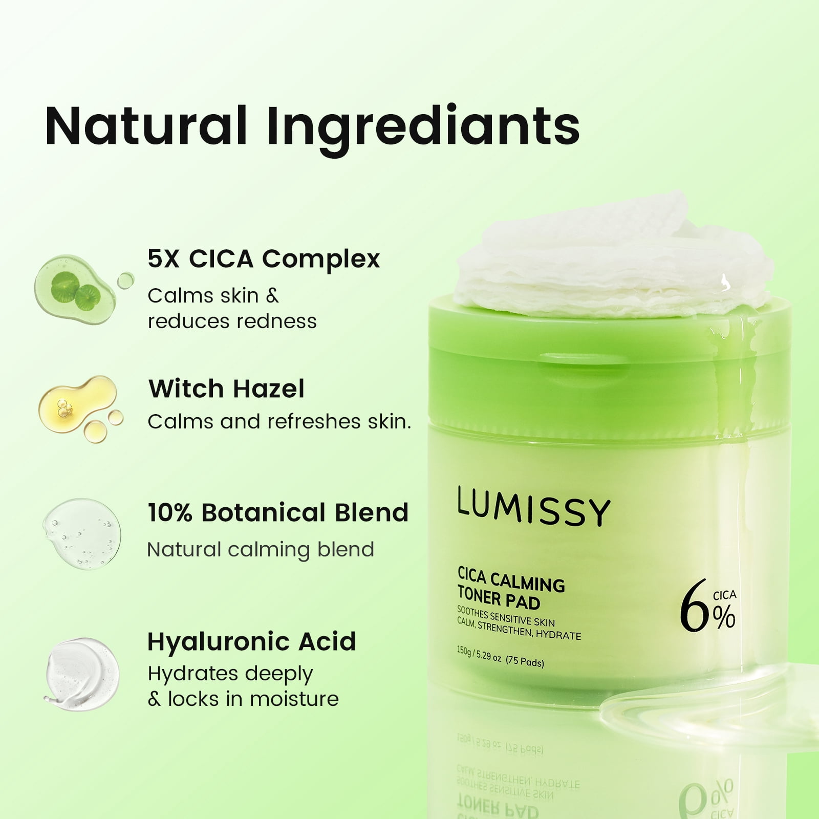 Lumissy CICA Calming Toner Pads, Soothing Centella Asiatica Pads for Sensitive Skin, Gentle Exfoliating & Hydrating Facial Toner 75 Pads