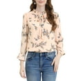 thumbnail image 6 of MODA NOVA Juniors Long Sleeves Tie Neck Ruffle Collar Floral Print LeisureTop Pink Blue XL, 6 of 7
