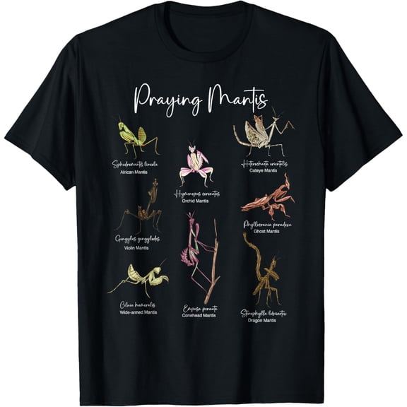 Types Of Praying Mantis Insect Collector Entomologist T-ShirtMen's and women's gift, black and white T-shirt, size: Extra large S-4XL