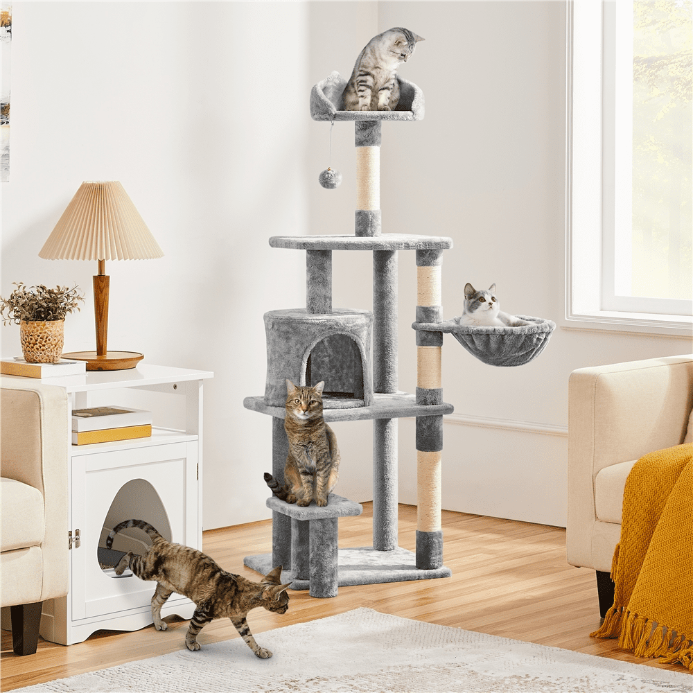 Alden Design 57″ Tall Multi Level Cat Tree with Basket & Condo & Scratching Post, Light Gray