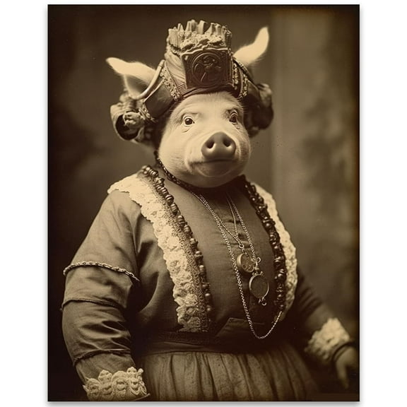 Vintage Pig-Faced Housekeeper Woman Art Poster  Early Modern Period Photo Weird, Bizarre, Odd, Creepy, Spooky, Unusual, Haunted Carnival, Animal Head, Antique Halloween Decor