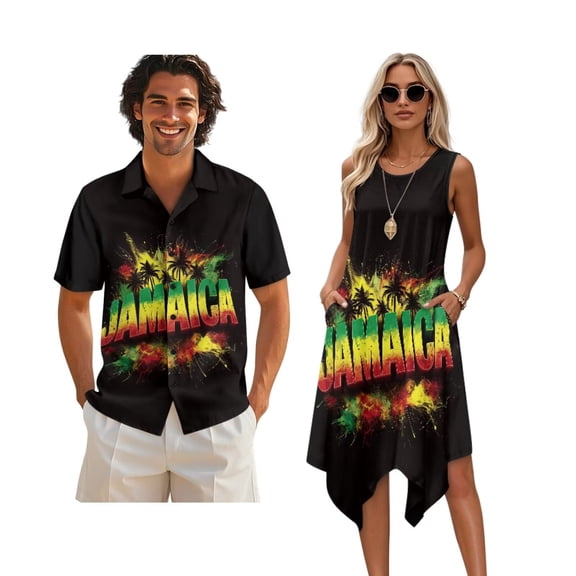 Xixirimido Jamaica Style Palm Trees Hawaii Couple Matching Outfit Men's Hawaiian Shirt and Women's Summer Sleeveless Dress Soft Midi Beach Dresses Matched Couple Outfits, L