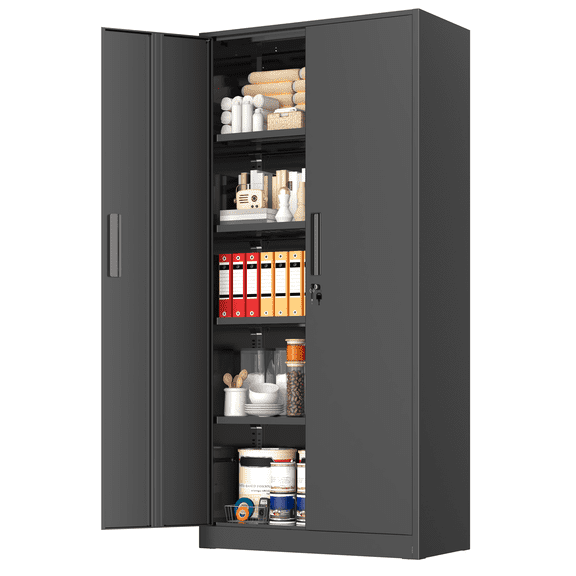 SOLAURA 71" Metal Garage Storage Cabinet with Locking Doors and Adjustable Shelves for Home, Office(Black)