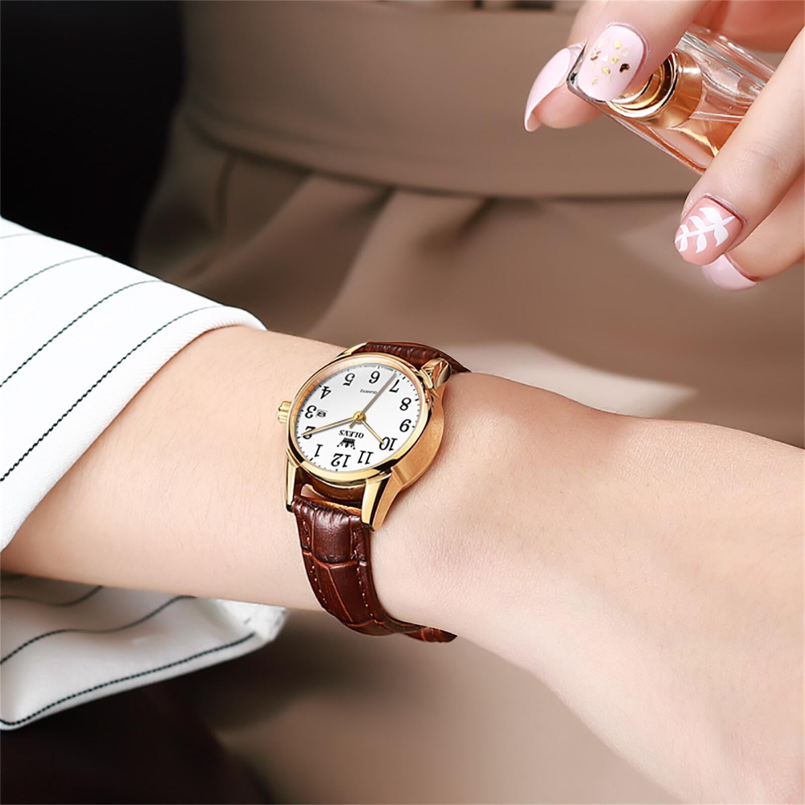 OLEVS Watches for Women Luxury Dress Analog Quartz Easy Read Digital Date Classic Luminous Brown Leather Strap Waterproof Female Wrist Watches Relojes para Mujer