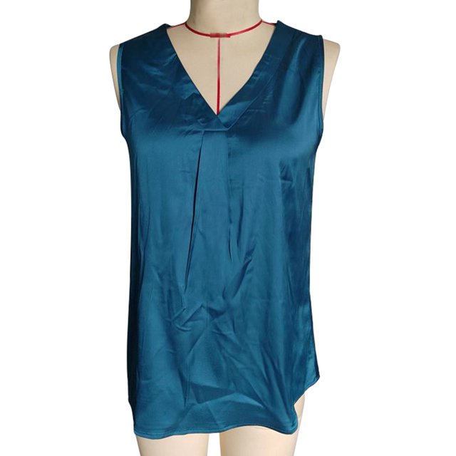 Camiseta sin mangas de satén con cuello en V para mujer, plisada, holgada, sin mangas, para uso diario