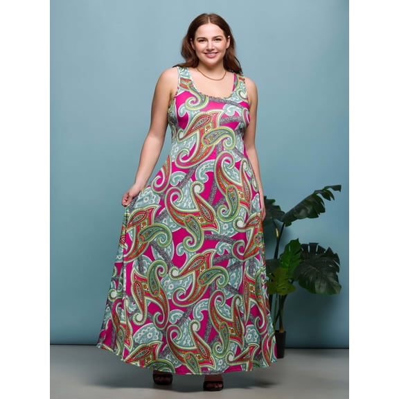 Plus Size Paisley Scoop Neck Tank A Line Maxi Dress