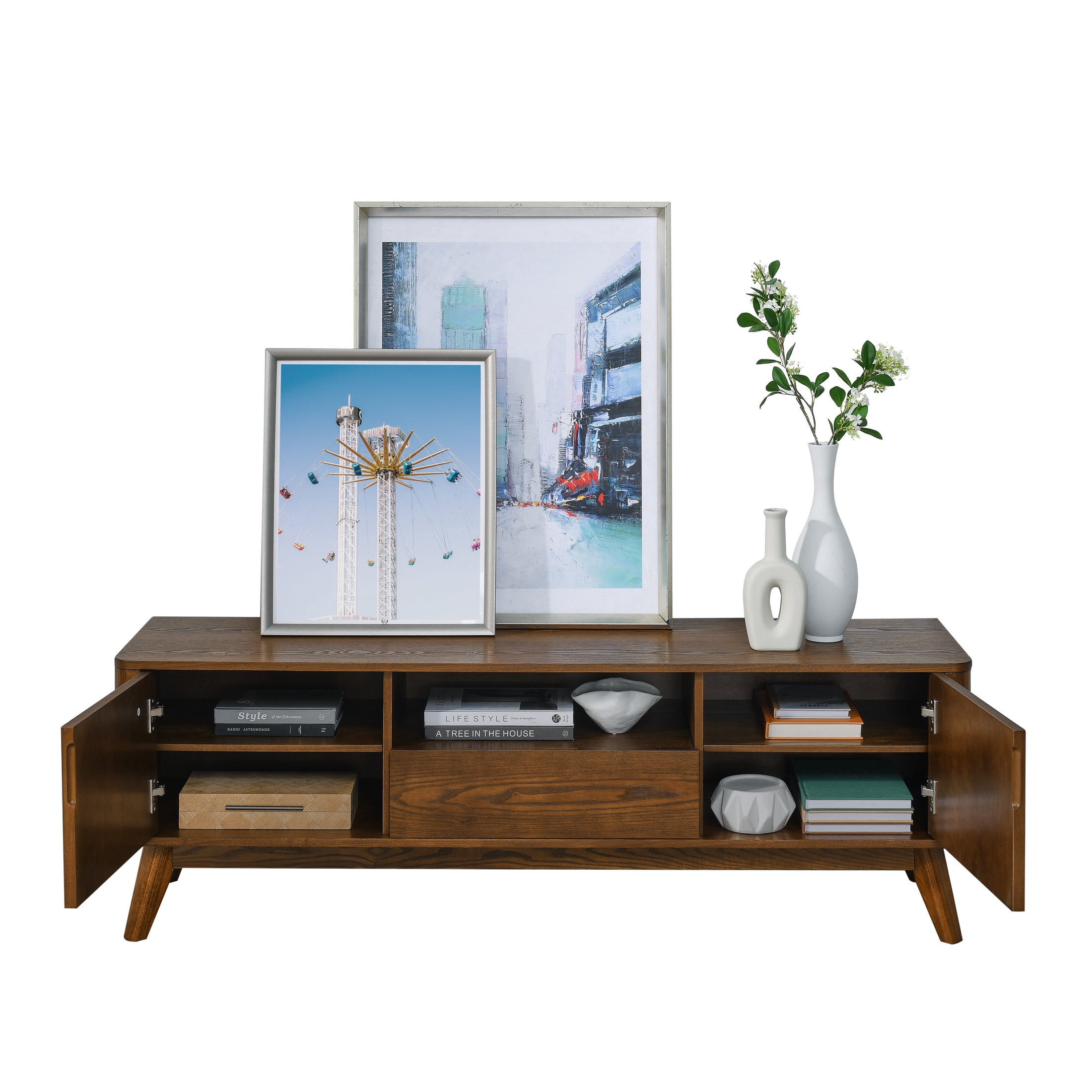 Noble House Mid-Century Modern Fluted TV Stand for 65" TV, Entertainment Console with Storage, Solid Wood Legs, Walnut