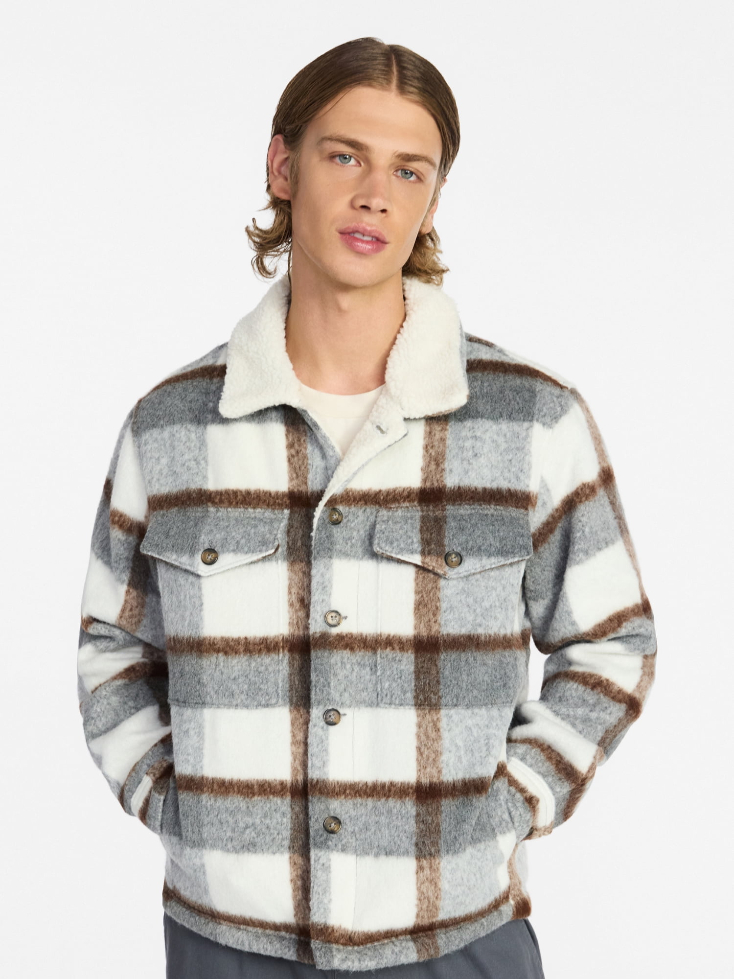 No Boundaries High-Pile Fleece Lined Plaid Overshirt, Men’s and Big Men’s