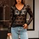 thumbnail image 1 of AUNVITO Women's Lace Long Sleeve Top Sheer Mesh Slim Fit Casual and Elegant Style, 1 of 7