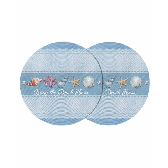 Coastal Blue Striped Round 13 Inch Placemats Set of 2, Ocean Sea Summer Starfish Coral Shells HeatResistant Non Slip Place Mats for Dining Table, Wipeable Braided Kitchen Table Mats for Housewarming