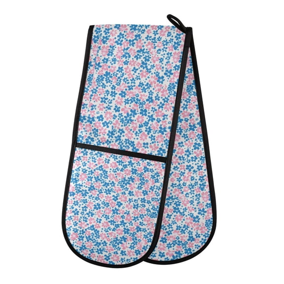 Dailycode Double Sided Oven Mitt with Loop Heat Resistant Kitchen Long Potholders 7" x 35" Blue and Pink Small Flowers