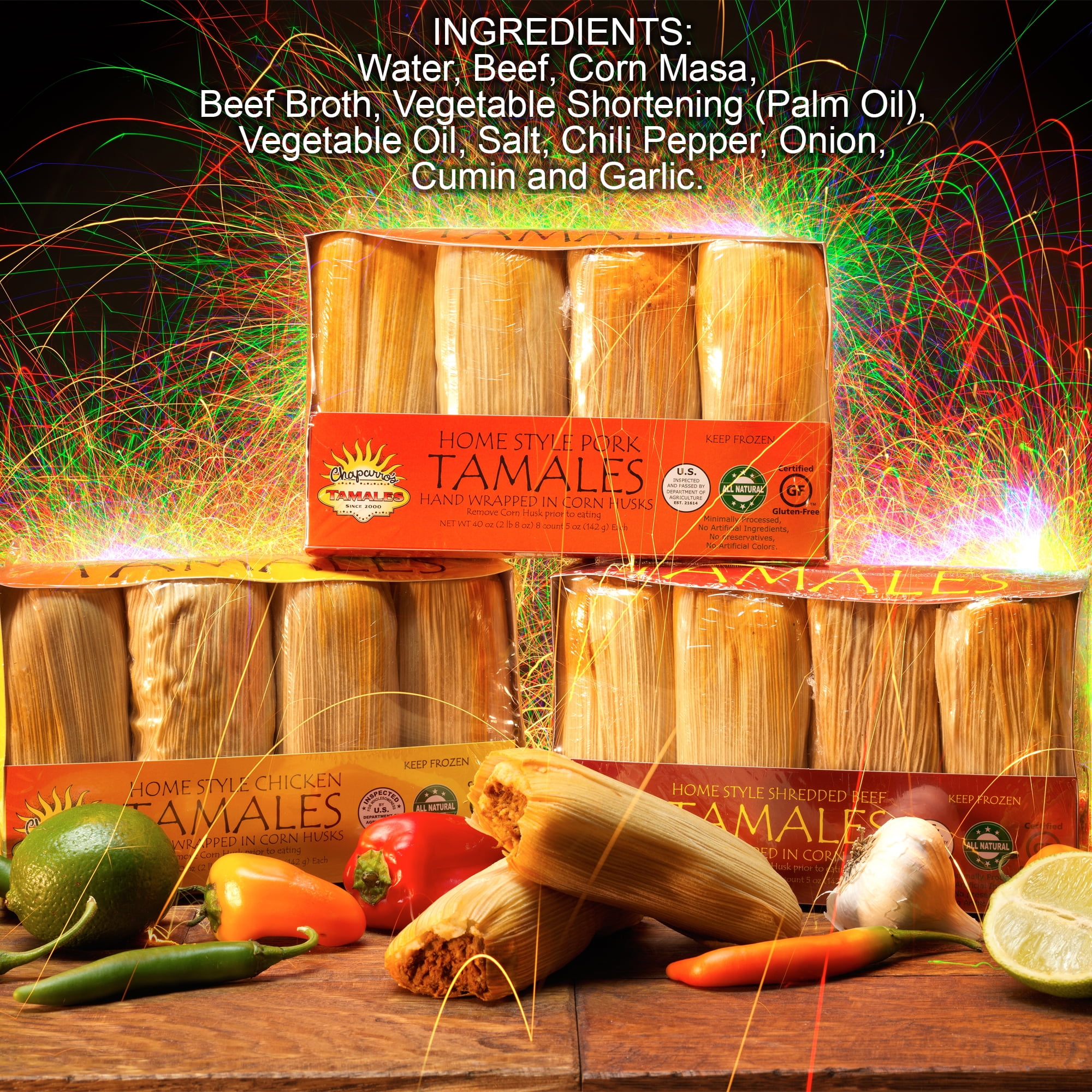 Chaparros Tamales, Shredded Beef Red Chili, Frozen, 8 pack, 40 oz Box, Tamales ,Gluten Free, All Natural